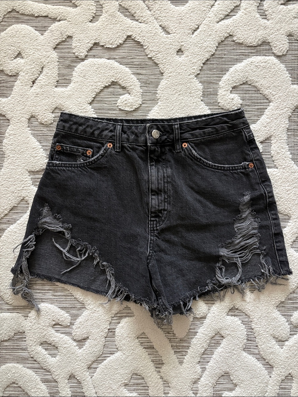 Topshop Black Distressed High-Waist Jean Shorts